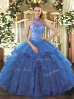 Fashion Blue Sleeveless Floor Length Beading and Embroidery and Ruffles Lace Up Sweet 16 Dresses