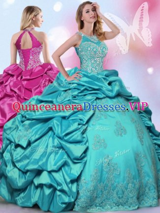 Glittering Pick Ups Halter Top Sleeveless Lace Up Sweet 16 Dresses Teal Taffeta