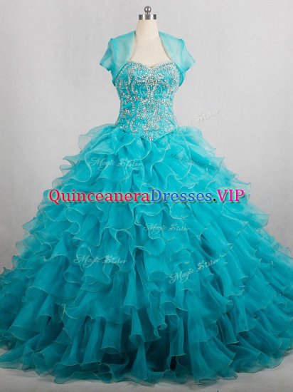 Ball Gowns Sleeveless Aqua Blue Quinceanera Dresses Brush Train Lace Up - Click Image to Close