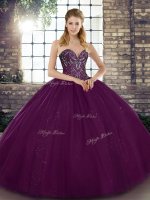Dark Purple Sleeveless Floor Length Beading Lace Up 15 Quinceanera Dress