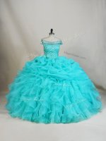 Aqua Blue Sleeveless Organza Lace Up Sweet 16 Dress for Sweet 16 and Quinceanera