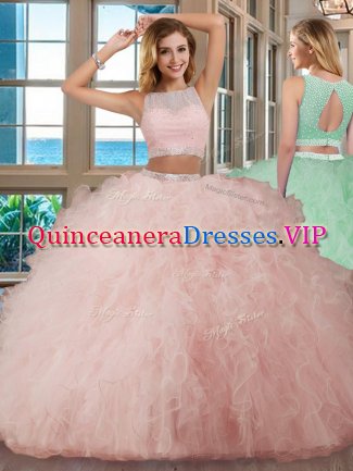 Scoop Pink Tulle Backless 15 Quinceanera Dress Sleeveless Floor Length Beading and Ruffles