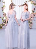 Grey Empire Tulle Scoop Short Sleeves Lace and Belt Floor Length Side Zipper Quinceanera Court Dresses