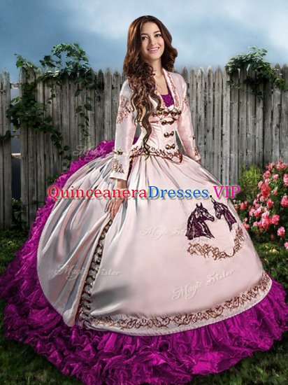Fuchsia Ball Gowns Sweetheart Sleeveless Organza Floor Length Lace Up Embroidery Vestidos de Quinceanera - Click Image to Close