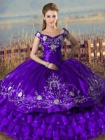 Exquisite Off The Shoulder Sleeveless Quinceanera Dress Floor Length Embroidery and Ruffled Layers Purple Satin and Organza(SKU XBQD162-3BIZ)