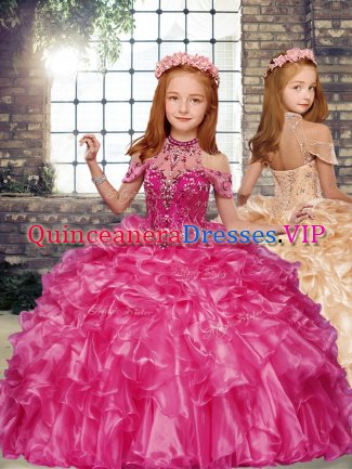 Hot Pink Organza Lace Up Pageant Dress for Teens Sleeveless Floor Length Beading and Ruffles