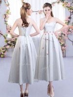 Sexy Silver Damas Dress Wedding Party with Appliques Straps Sleeveless Lace Up(SKU BMT0398ABIZ)