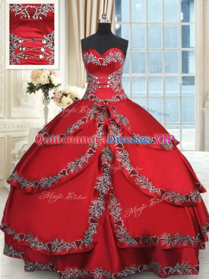 Wine Red Taffeta Lace Up Sweetheart Sleeveless Floor Length Sweet 16 Quinceanera Dress Beading and Embroidery and Ruffled Layers - Click Image to Close