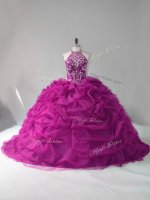 Halter Top Sleeveless Lace Up 15 Quinceanera Dress Fuchsia Organza(SKU PSSW0837-1BIZ)