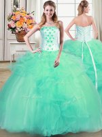 Turquoise Strapless Neckline Beading and Appliques and Ruffles 15th Birthday Dress Sleeveless Lace Up(SKU PSSW0354MT-1BIZ)