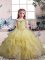 High End Off The Shoulder Sleeveless Pageant Dress for Girls Floor Length Beading and Ruffles Yellow Organza