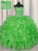 Fashionable Visible Boning Floor Length Ball Gown Prom Dress Organza Sleeveless Beading and Ruffles