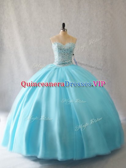 Tulle Sweetheart Sleeveless Lace Up Beading Sweet 16 Dress in Aqua Blue - Click Image to Close