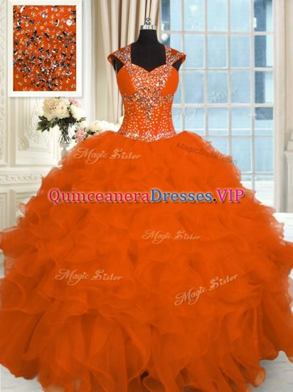 Simple Orange Red Straps Neckline Beading and Ruffles Vestidos de Quinceanera Cap Sleeves Lace Up - Click Image to Close