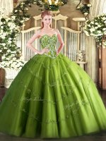 Floor Length Olive Green Sweet 16 Dress Tulle Sleeveless Beading and Appliques