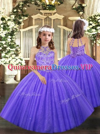 Fashionable Lavender Tulle Lace Up Child Pageant Dress Sleeveless Floor Length Beading and Ruffles