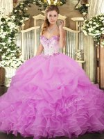 Lilac Ball Gowns Organza Sweetheart Sleeveless Beading and Ruffles and Pick Ups Floor Length Lace Up 15th Birthday Dress