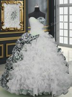 Unique Printed With Train Ball Gowns Sleeveless White Quinceanera Dress Brush Train Lace Up