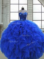 Royal Blue Scoop Neckline Ruffles and Sequins Sweet 16 Quinceanera Dress Sleeveless Zipper