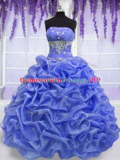 Sexy Blue Organza Lace Up Quinceanera Dresses Sleeveless Floor Length Beading and Pick Ups - Click Image to Close