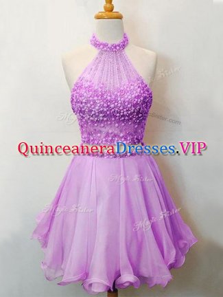 Lilac Vestidos de Damas Prom and Party and Wedding Party with Beading Halter Top Sleeveless Lace Up