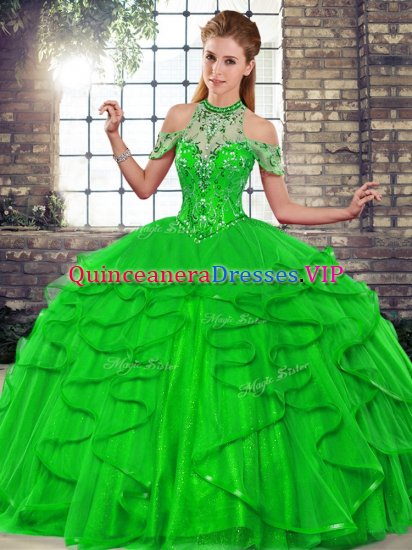 Floor Length Lace Up 15th Birthday Dress Green for Military Ball and Sweet 16 and Quinceanera with Beading and Ruffles - Click Image to Close