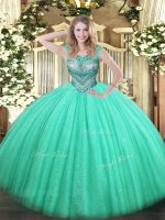 Sexy Beading Vestidos de Quinceanera Turquoise Lace Up Sleeveless Floor Length