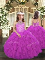 Classical Sleeveless Tulle Floor Length Lace Up Little Girl Pageant Gowns in Fuchsia with Beading and Ruffles