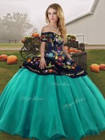 Fine Floor Length Lace Up Quinceanera Gowns Turquoise for Military Ball and Sweet 16 and Quinceanera with Embroidery