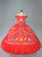 Red Lace Up Sweet 16 Quinceanera Dress Embroidery Sleeveless Floor Length