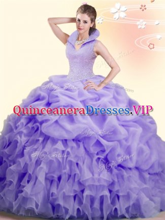 Best High-neck Sleeveless Organza Quince Ball Gowns Beading and Ruffles and Pick Ups Brush Train Backless