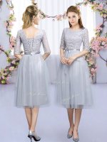 Sexy Grey Tulle Lace Up Scoop Half Sleeves Tea Length Court Dresses for Sweet 16 Lace and Belt(SKU BMT0397DBIZ)