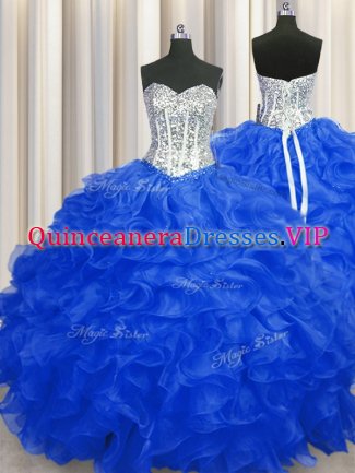 Deluxe Royal Blue Lace Up Quince Ball Gowns Beading and Ruffles Sleeveless Floor Length