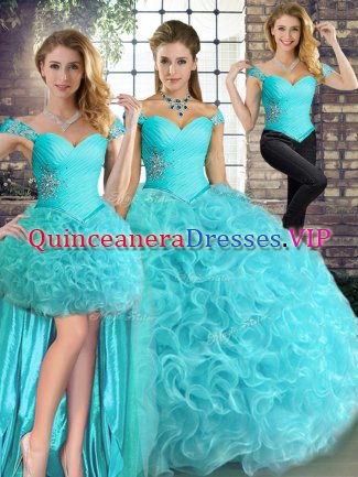 Designer Aqua Blue Lace Up Off The Shoulder Beading Ball Gown Prom Dress Fabric With Rolling Flowers Sleeveless