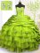 Olive Green Lace Up Quince Ball Gowns Beading and Appliques and Ruffled Layers and Pick Ups Sleeveless With Brush Train