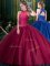 Attractive Burgundy Ball Gowns Tulle High-neck Sleeveless Appliques Floor Length Lace Up Party Dress