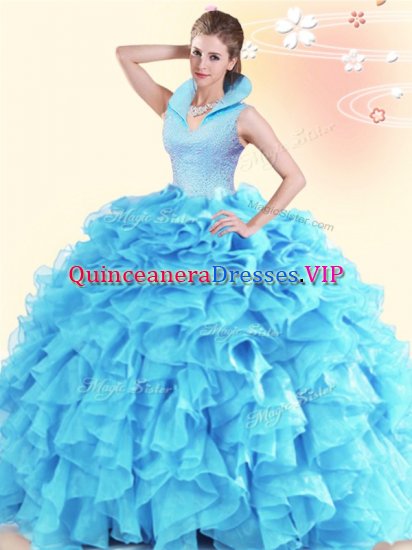 Aqua Blue Sleeveless Floor Length Beading and Ruffles Backless 15 Quinceanera Dress - Click Image to Close