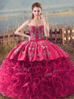 Pretty Fabric With Rolling Flowers Sweetheart Sleeveless Lace Up Embroidery and Ruffles 15th Birthday Dress in Coral Red