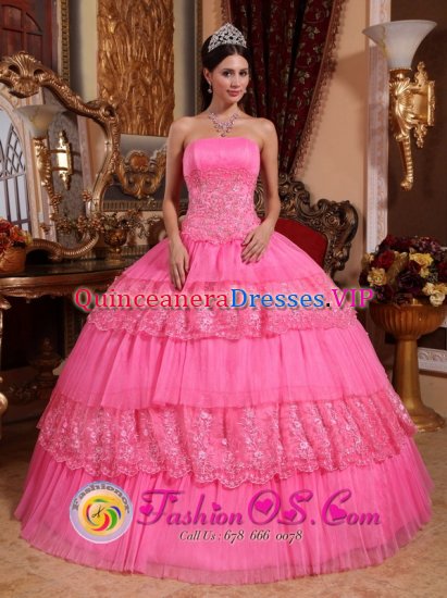 Harleston East Anglia Stylish Rose Pink Ruffles Layered Sweet 16 Ball Gown Dresse With Strapless Organza Lace Appliques - Click Image to Close