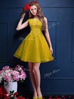Free and Easy Yellow Lace Up Quinceanera Court Dresses Beading and Lace Sleeveless Knee Length
