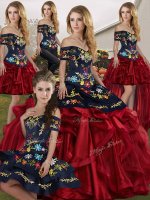 Lovely Red And Black Off The Shoulder Lace Up Embroidery and Ruffles Ball Gown Prom Dress Sleeveless(SKU SJQDDT2154010BIZ)