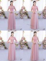 Pink Tulle Zipper High-neck Cap Sleeves Floor Length Dama Dress for Quinceanera Lace