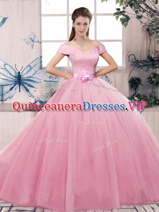 Luxurious Short Sleeves Lace Up Floor Length Lace and Hand Made Flower Vestidos de Quinceanera