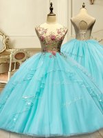 Aqua Blue Ball Gowns Appliques Sweet 16 Dresses Lace Up Tulle Sleeveless Floor Length