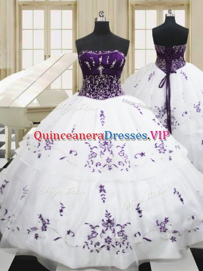 Free and Easy White Ball Gowns Organza Strapless Sleeveless Beading and Embroidery Floor Length Lace Up Ball Gown Prom Dress - Click Image to Close