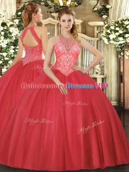 Red High-neck Lace Up Beading Quinceanera Dresses Sleeveless - Click Image to Close