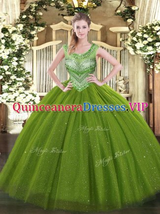 Olive Green Sleeveless Tulle and Sequined Lace Up Vestidos de Quinceanera for Sweet 16 and Quinceanera