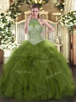 Traditional Floor Length Olive Green Quinceanera Gowns Halter Top Sleeveless Lace Up