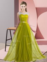 Olive Green Chiffon Lace Up Scoop Sleeveless Floor Length Court Dresses for Sweet 16 Beading