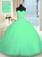 Modest Tulle Sweetheart Sleeveless Lace Up Appliques Ball Gown Prom Dress in Turquoise